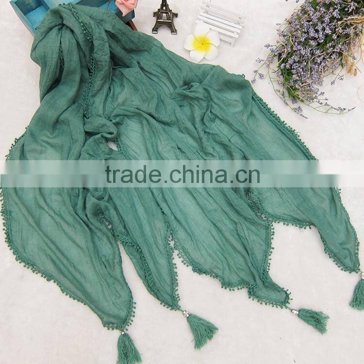 Fashion Latest Large Long Plain Cotton Linen Embroidery Lace Brim Tassel Scarf Shawl