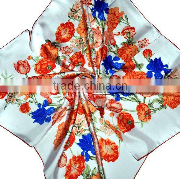Flowers Printed Silk Twill Scarf for Women Purple/Yellow