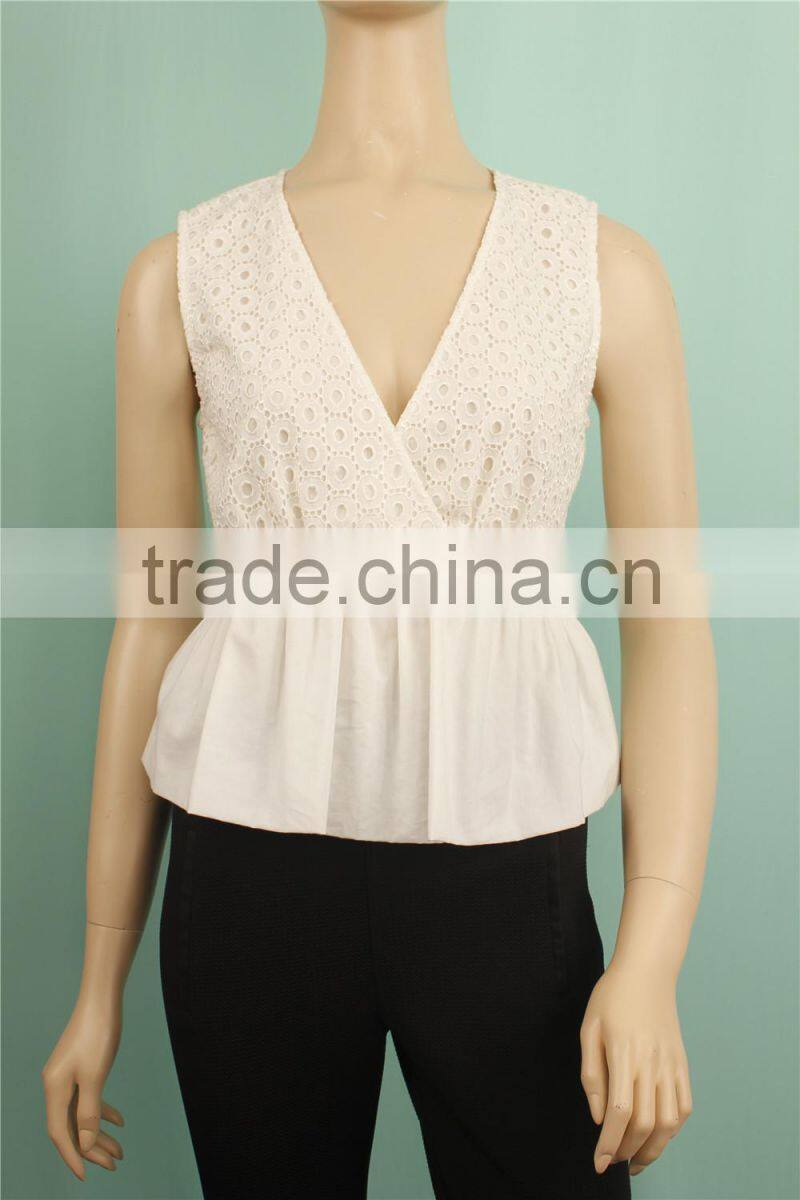 2016 S/S new design white 100%cotton sleeveless sexy tops for women