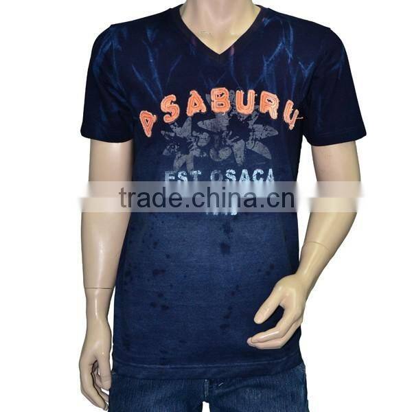 Men's T-shirt Knitted Denim Indigo Blue Cat-Scratch discharge Washed and used effects embroidery and prints
