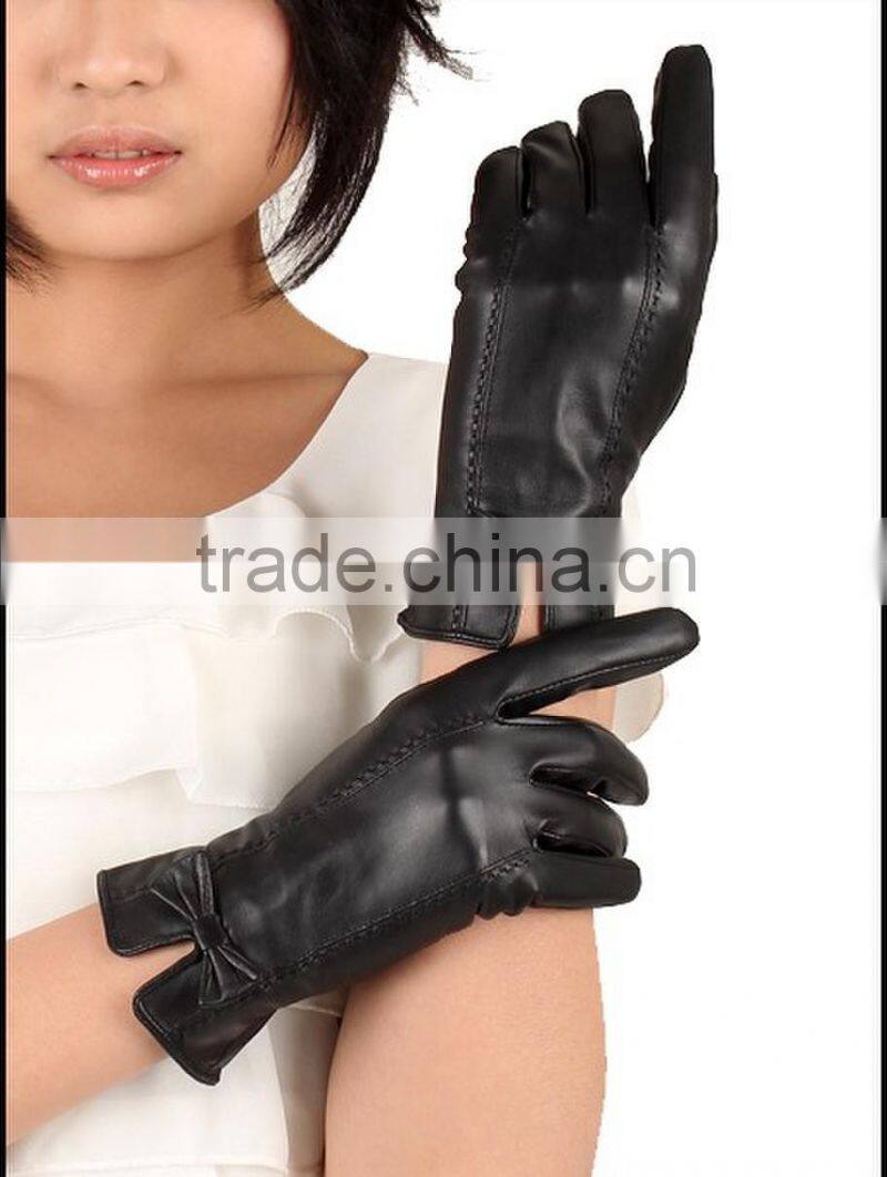 2016 new fashion style ladies leather gloves for bowknot adornment