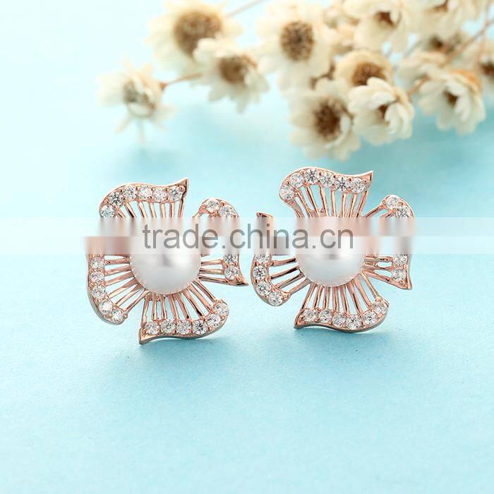 Pearl Jewelry Rose Gold Plated Wholesale Sterling Silver CZ Stud Earrings