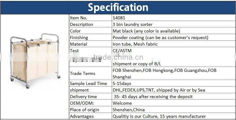 Laundry Clothes Bag Hotel Sorter Hamper Storage laundry cart with wheels made in china