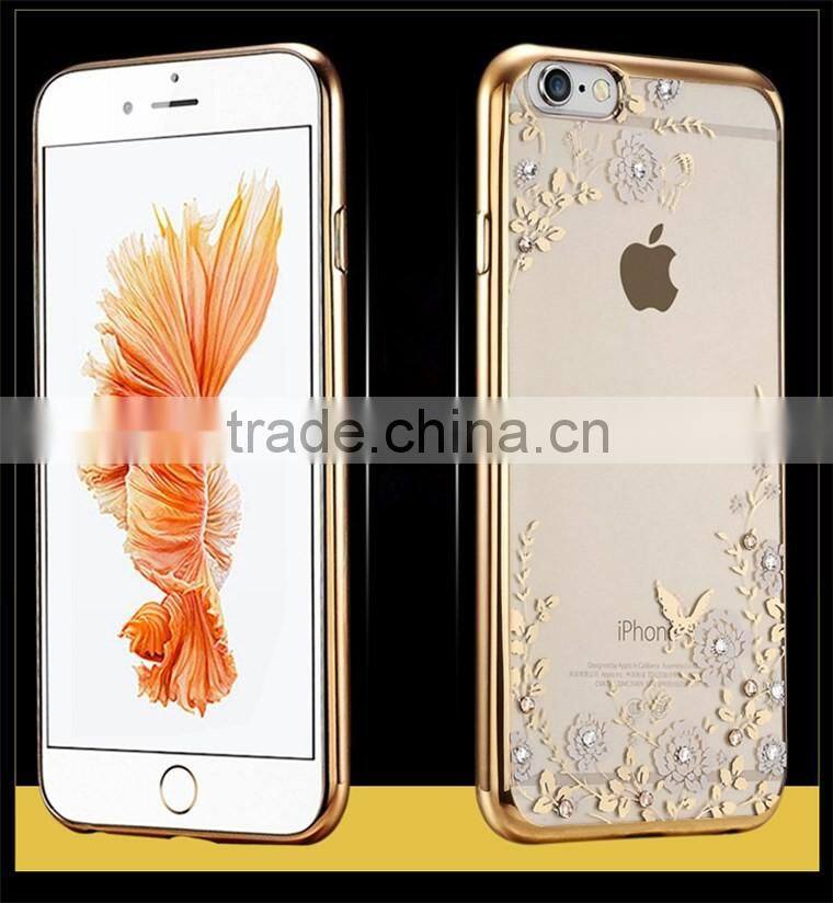 Hot Selling Luxury Garden Style Crystal Clear Soft TPU Diamante Eletroplated Case for Iphone 6