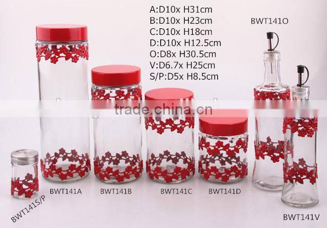 glass storage jar set with flower metal coating
