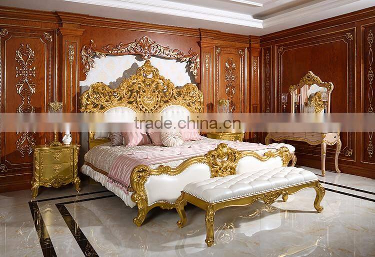Royal Place Gold Leaf Finished Full Solid Wood Carving Bed, Arabic Golden Style Bedroom Furniture(MOQ=1 SET)