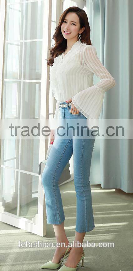 Fashion Summer peated blouse with long sleeve and ruffle design