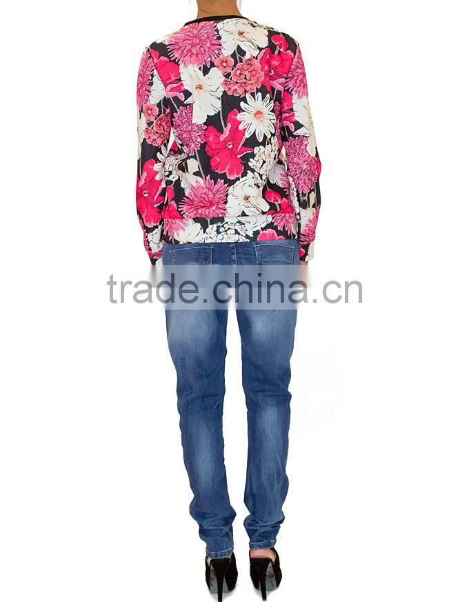 2015 New Fashion Round Neck Floral printed Long Sleeve Polo Womens T-shirt Wholesale