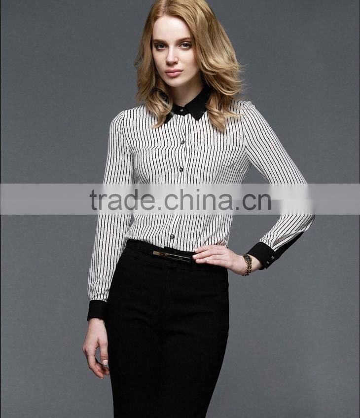 Office Lady Fashion Design Contrast Collar Cuff Striped Shirt