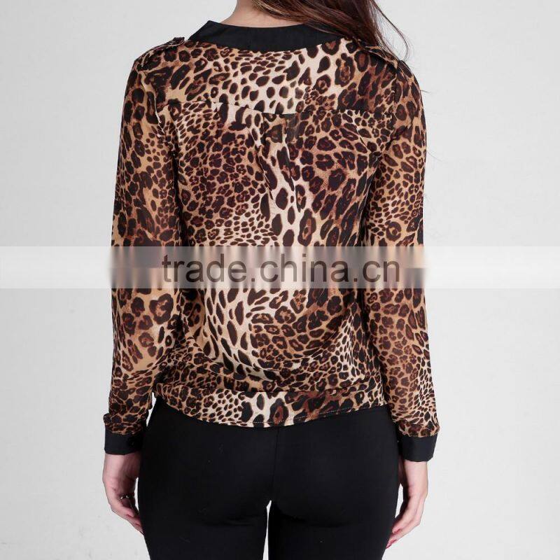 2015 Women Blouse Leopard Print Shirt Long sleeve V -Neck Top Loose Blouses Plus Size Chiffon Shirt