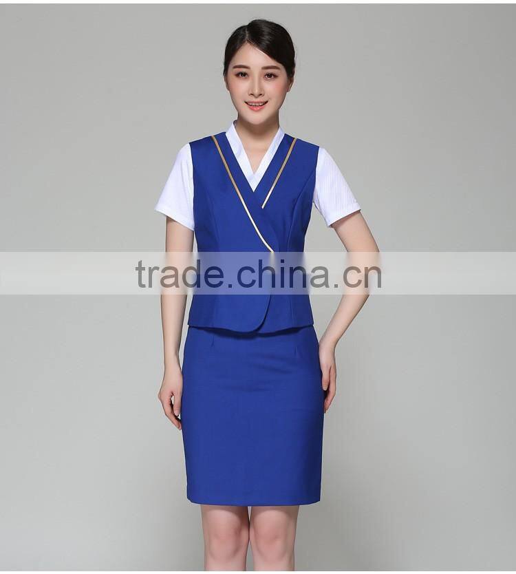 Juqian Custom hot fashion short sleeve Blue Formal Airline Stewardess Uniform for Women Wholesale