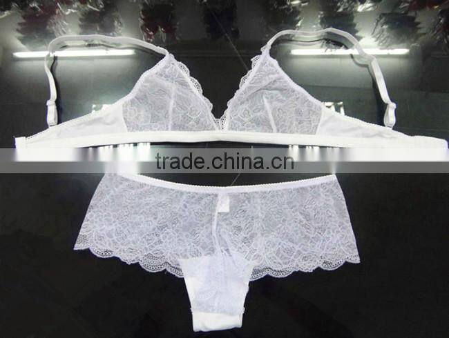 New design young ladies white embroidered blue bow bra and panty set