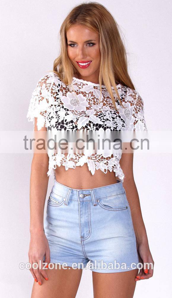 100% Polyester short sleeve round neck crop top,elegant fashion lace top