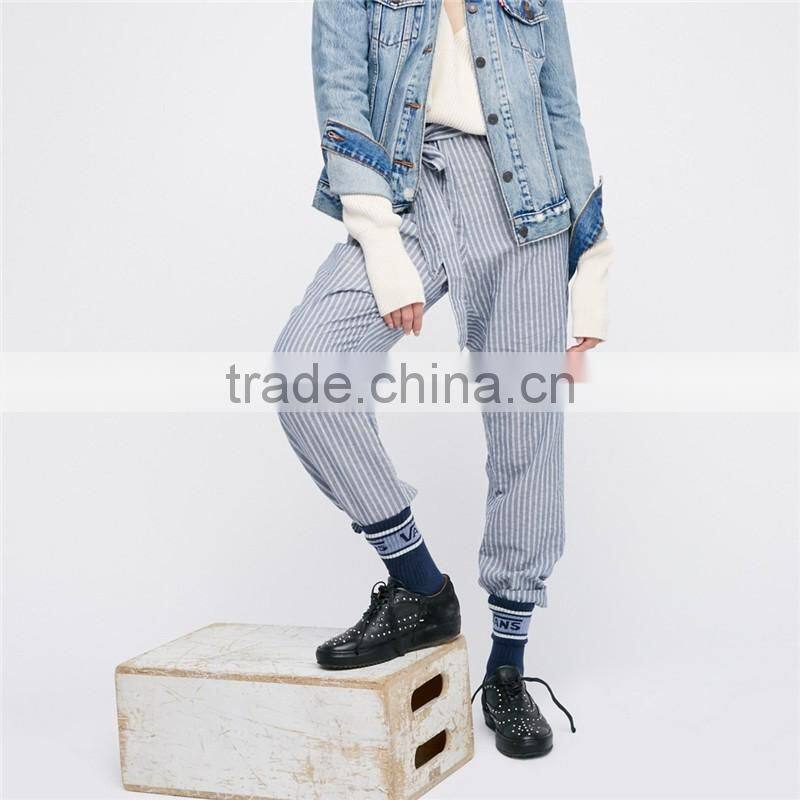 Ladies Navy Blue Jogger Pants Cotton-linen Wide Striped Trousers