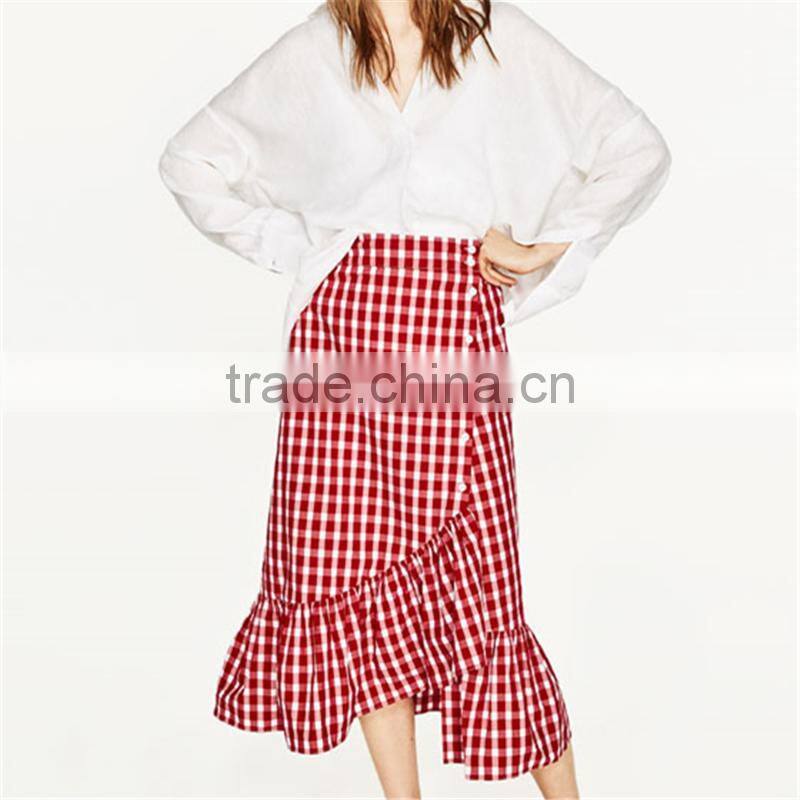 Latest ladies fashion wholesale high quality red plaid frilled skirt