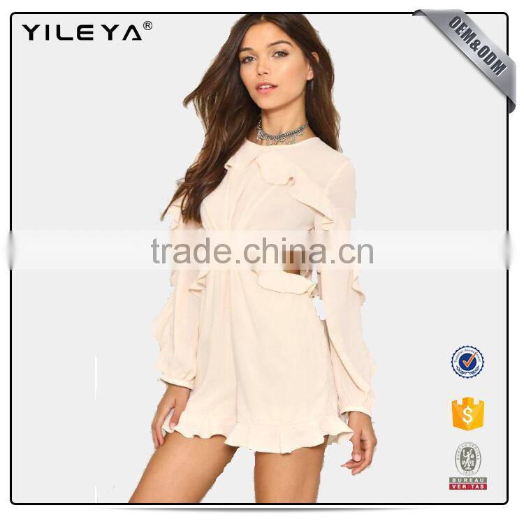 2017new collection short jumpsuit ruffles with fringed edges narrow flat banded neck and raglan sleeve