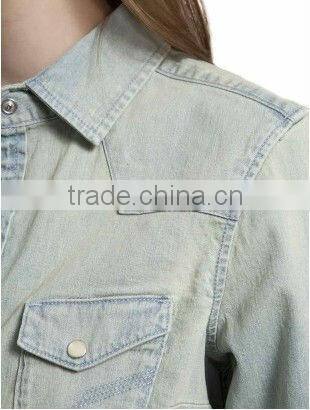 2016 fashion slim fit long sleeves washed denim shirt for girls with two pockets on the chest