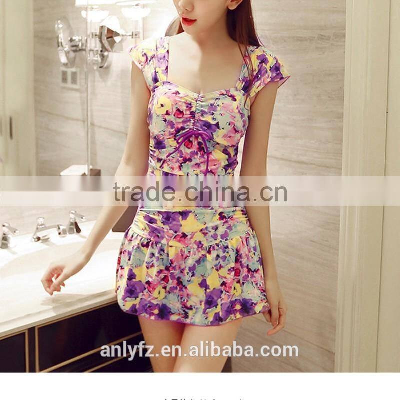 Sexy women's deep v-neck ruched sides sunflower-print self-tie halterneck swimsuit