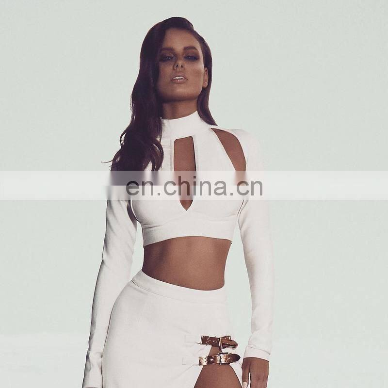 Amigo 2017 christmas party bandage dress 2pcs dresses with white long sleeve hollow out crop top and midi high vent skirt