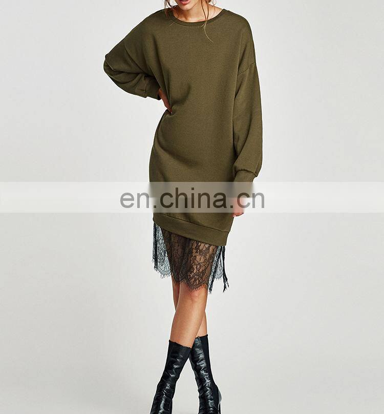 custom brand fashion women clothing O neck lace hem hoodies oversized sweatshirt dress
