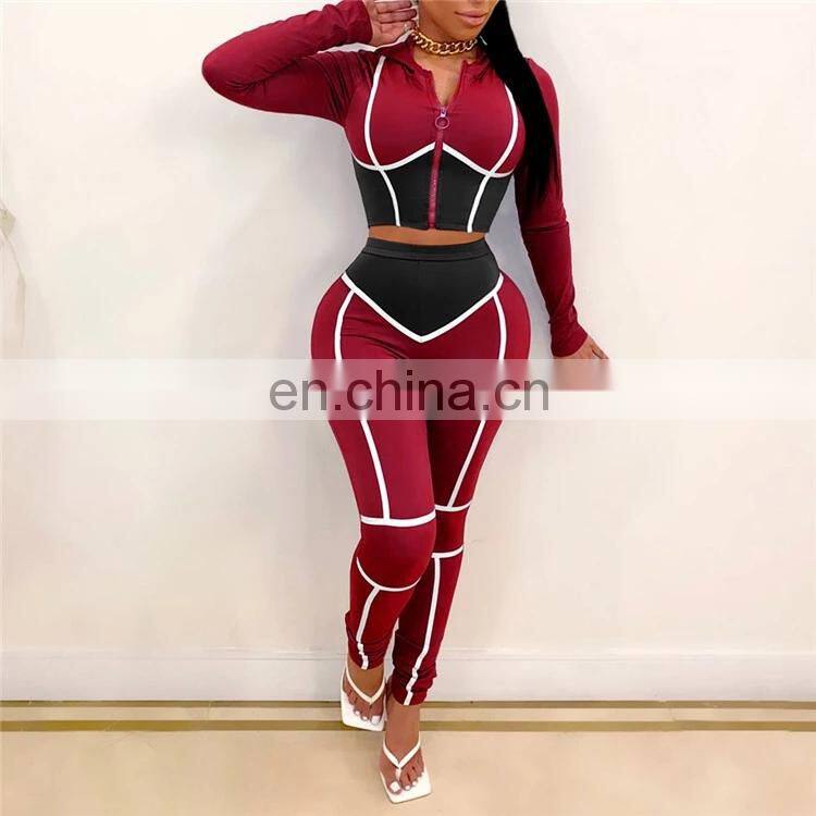 2020 Fall Fashion Woman Clothes Round Neck Crop Top High Waist Pants Two Piece Set