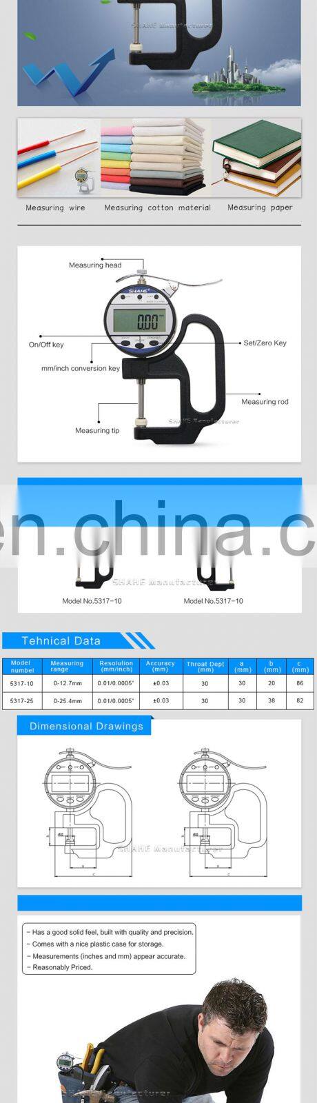 SHAHE 0-25 mm 0.01 mm digital thickness gauge leather thickness gauge