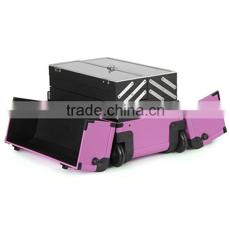 Purple professional rolling trolley makeup case with compartments for nail polishing artist