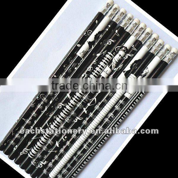 BSCI supplier HB lead hot transfer printing round shape music tattoo pencil with note