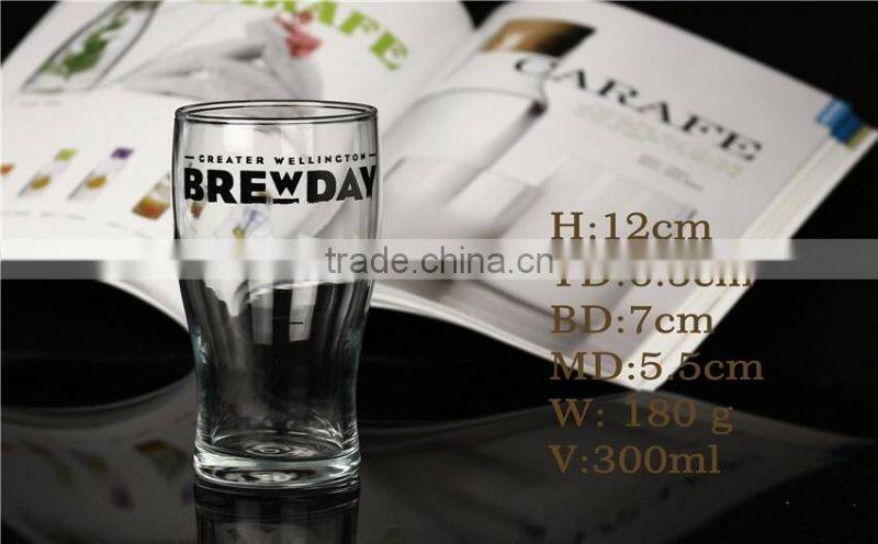 Unique Hot sale popular 300ml funny yard Beer Glass with black logo decal customized size