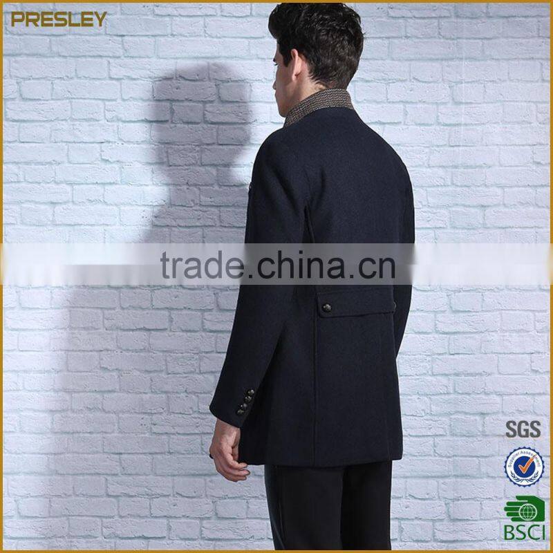 Stand collar casual style long woolen jacket coat with fleece lining for man