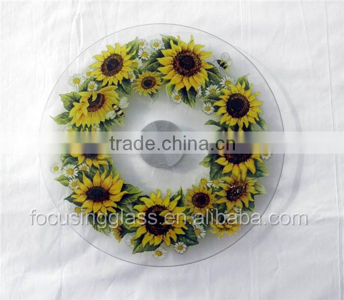 Custom pattern small flower rotating tempered glass round lazy susan