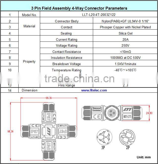 IP67 outdoor lighting cable junction 4-Way Cross type waterproof connector