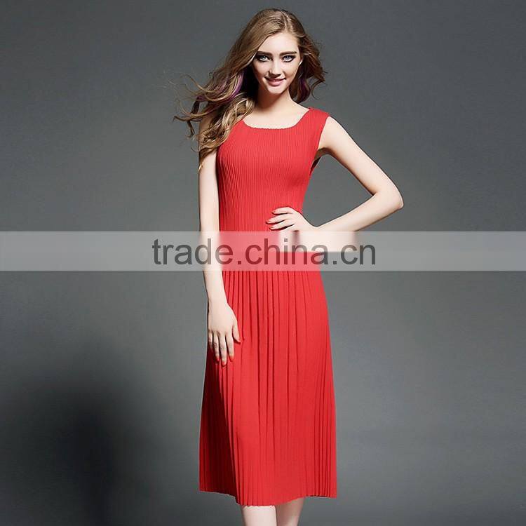 2016 Summer Fashion High Quality Long One Piece Dress Lady Pleated Sleeveless Red Black Maxi Dresses For Women Ladies