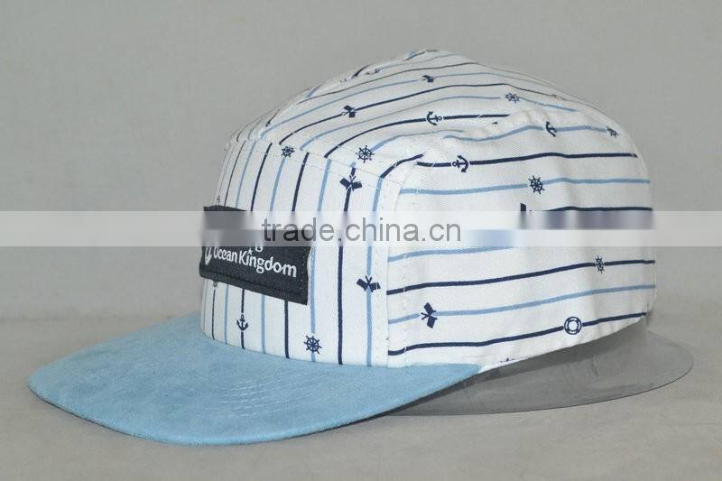 Guangzhou hat factory professional custom 100% polyester / 5 panel/black stripes/black label mark/flat brim hat