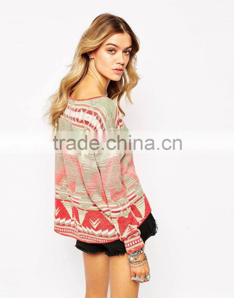 High fashion design sexy women sweater jumper boat neckline pattern jumper colorful jumper