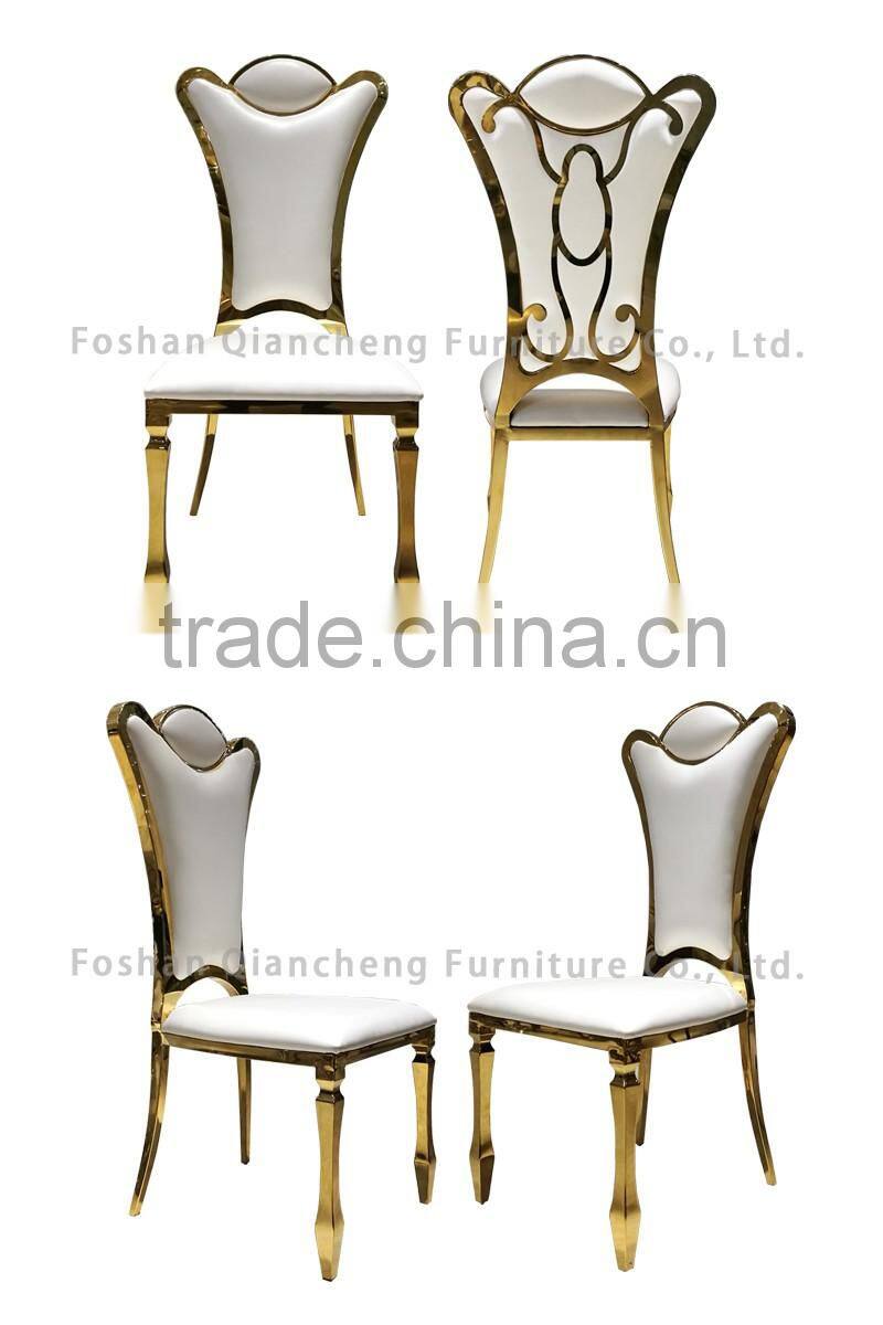 classical white high back wedding chair with golden stainless steel