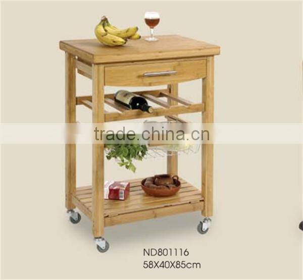 3-tier natural bamboo kichen trolley with wheels and basket