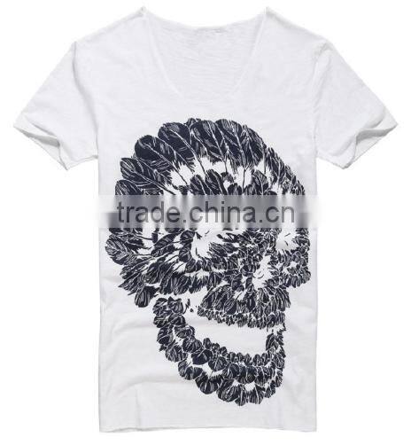 2016 Men Deep V Neck Summer Cotton Skull Print Slim T Shirt