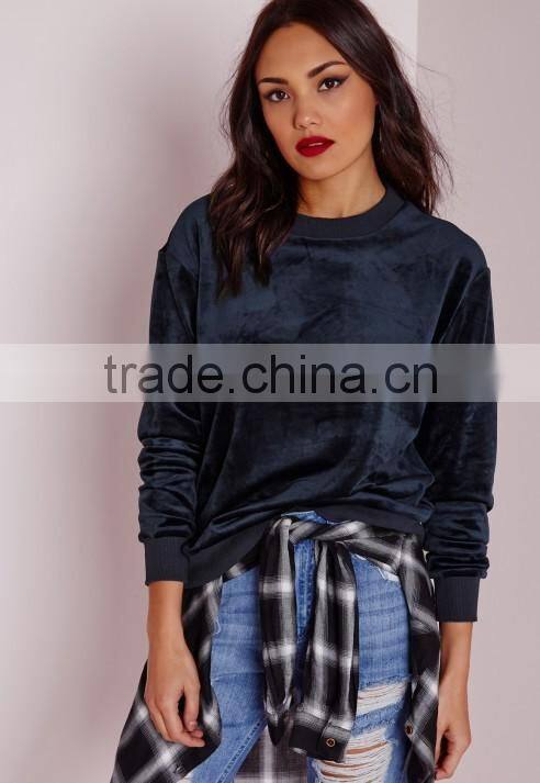 wholesale 100% polyester soft touch navy cheap bulk women velour sweatshirt
