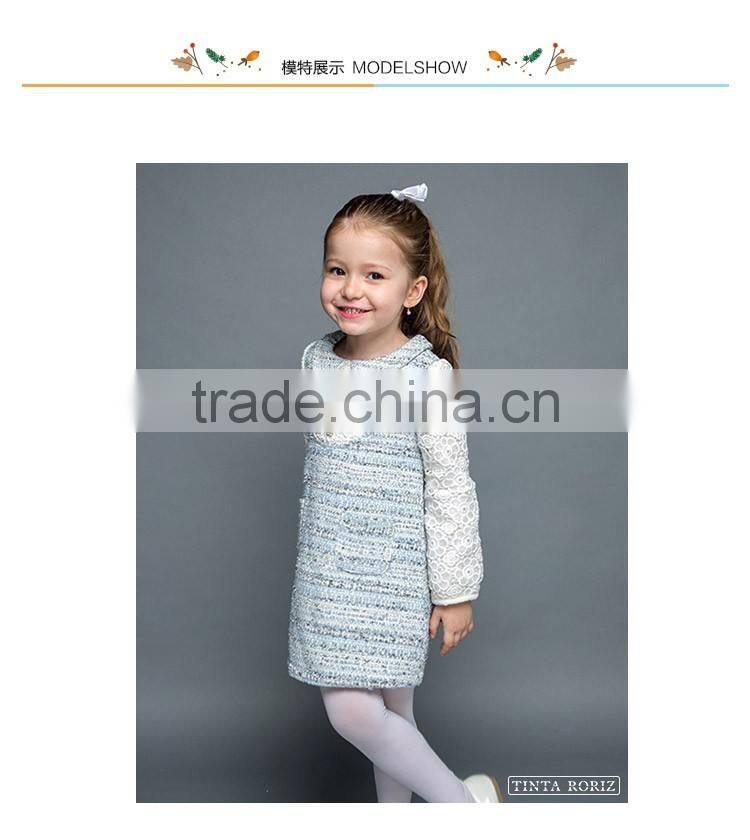 2017 Spring Girls Woolen A-line Dress Children's Clothing Lone Sleeve Lace One-pice Designs For Girl