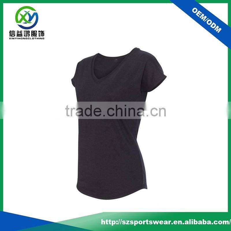 New Design 92%Polyester 8%Spandex V-neck Women Sport T Shirt With Curve Bottom