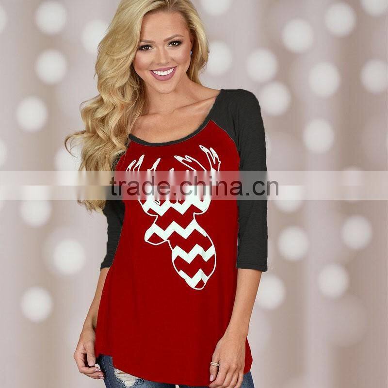 European and American style women's Christmas theme raglan 3/4 sleeve curved/rounded hem t shirt