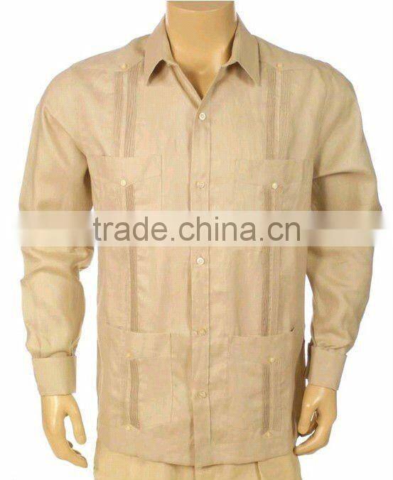 Latest style Comfortable fabric 100% Organic Linen White Guayabera shirt for men with long sleeve and four pockets