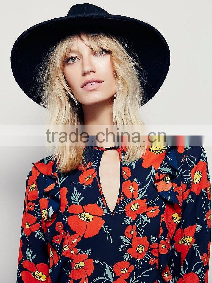 Guangzhou Shandao Supplier OEM Custom Design Women Spring Casual Long Flare Sleeve Flower Printed Chiffon Blouse 2016