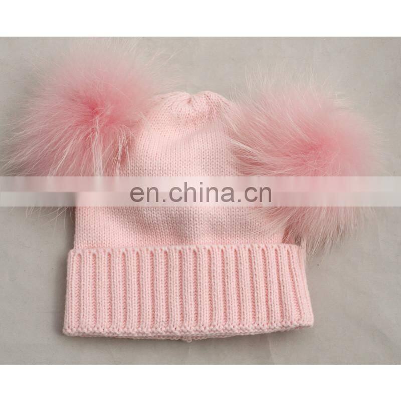Wholesale Cute Baby Pink Knitted Kids Wool Hats Double Pom Pom Hat