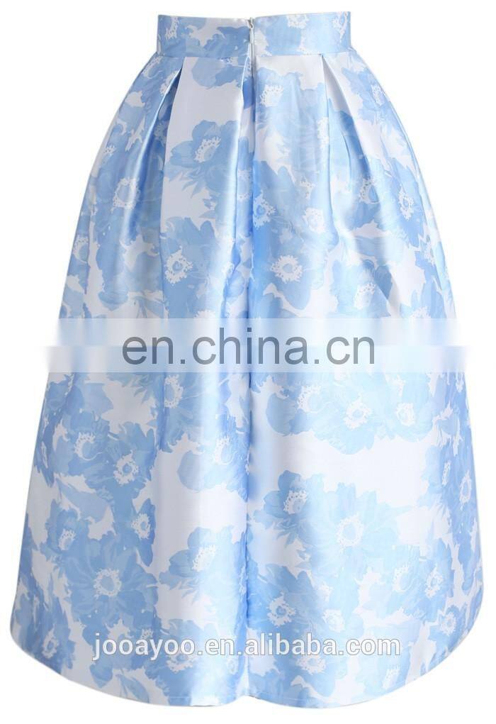 Custom Service Women Blue Blossoming Floral Printed A-line Midi Skirt