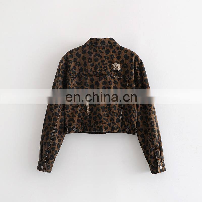2020 New Design Women's Denim Jean Cropped Leopard Print Bomber Jacket