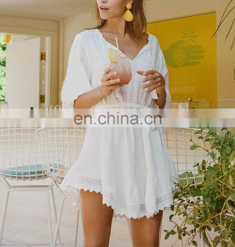 V neck Beach Cover up Sarong White Cotton Beach Dress Tunic Bikini cover up Kaftan Beach Swimsuit cover up Saida de Praia