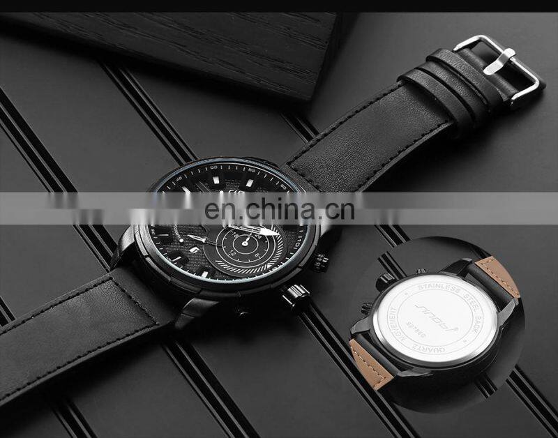 SINOBI Chronograph Men's Watch Calendar Date Function Luminous Soft Leather Band Quartz Watches S9786G Jam Tangan