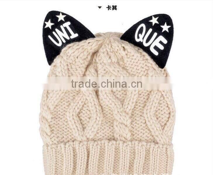 Unique Printed Cat Ear Decorated Polar Fleece Inside Twisted Knitting Women Girls Hat